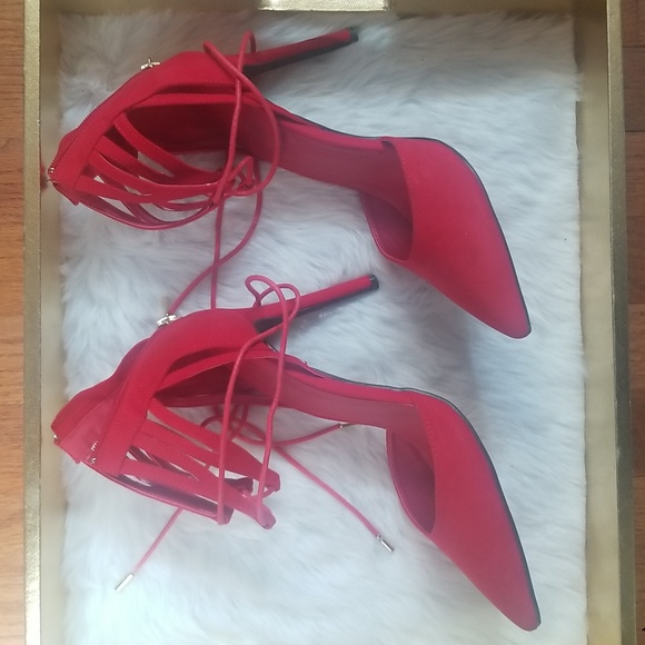 ❤Sexy Red Pointed Toe Lace up Heels Size 10 - Picture 6 of 10